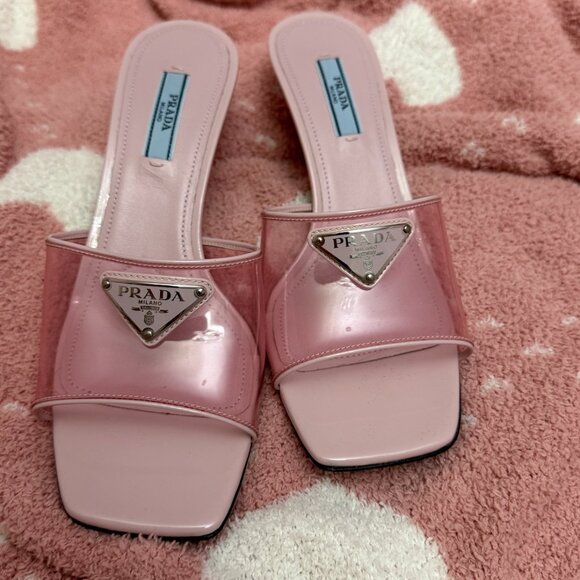Prada Leather-trimmed Pvc Mules In Alabastro; pink Kitten Heels Size 37 size 7 - Picture 5 of 8